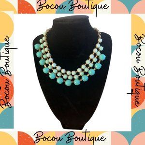 Turquoise Blue Ombre Round Beaded Costume Statement Necklace Faux Gold Setting
